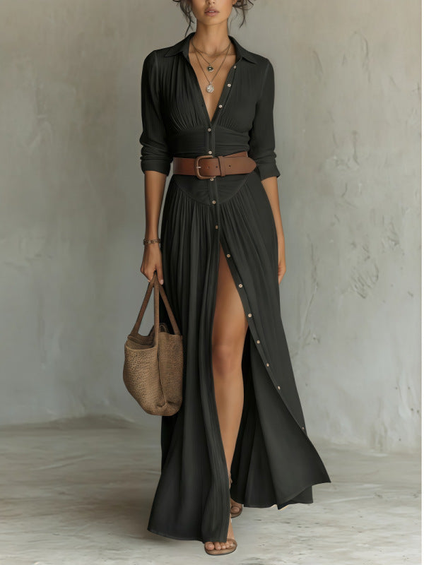 Belted Pleated Shirt Dress Front Slit Maxi Dress