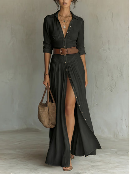 Belted Pleated Shirt Dress Front Slit Maxi Dress