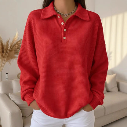 Women's Oversized Waffle Knit Polo Shirt Long Sleeve Top