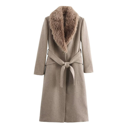 Women's Faux Fur Collar Belted Wool Trench Coat