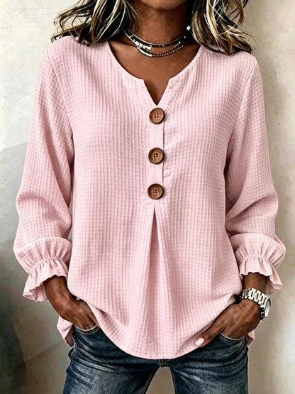 Women's Waffle Knit V Neck Ruffle Sleeve Button Front Top