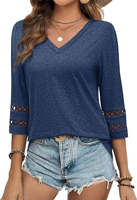 White V-Neck Lace Sleeve Casual Knit Top for Women
