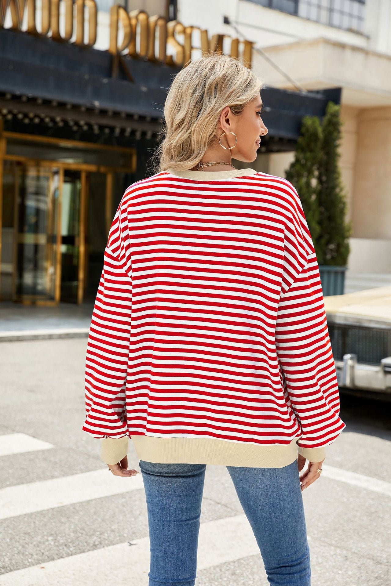 Striped Color Block Crew Neck Loose Fit Long Sleeve Sweatshirt