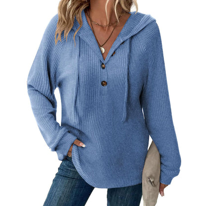 Women’s Knit Hooded Pullover Button V Neck Sweater