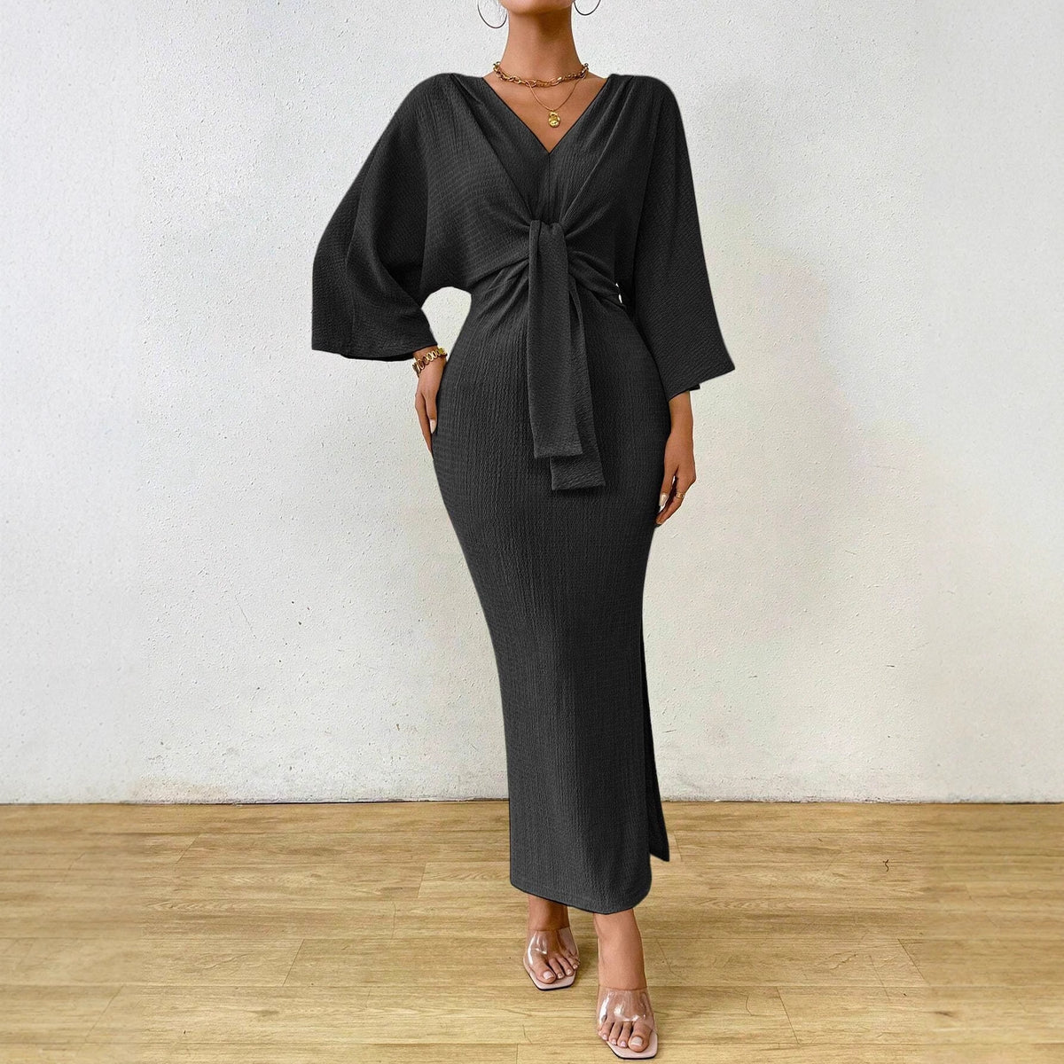 Women's V-Neck Tie Front Ruched Midi Dress with Slit