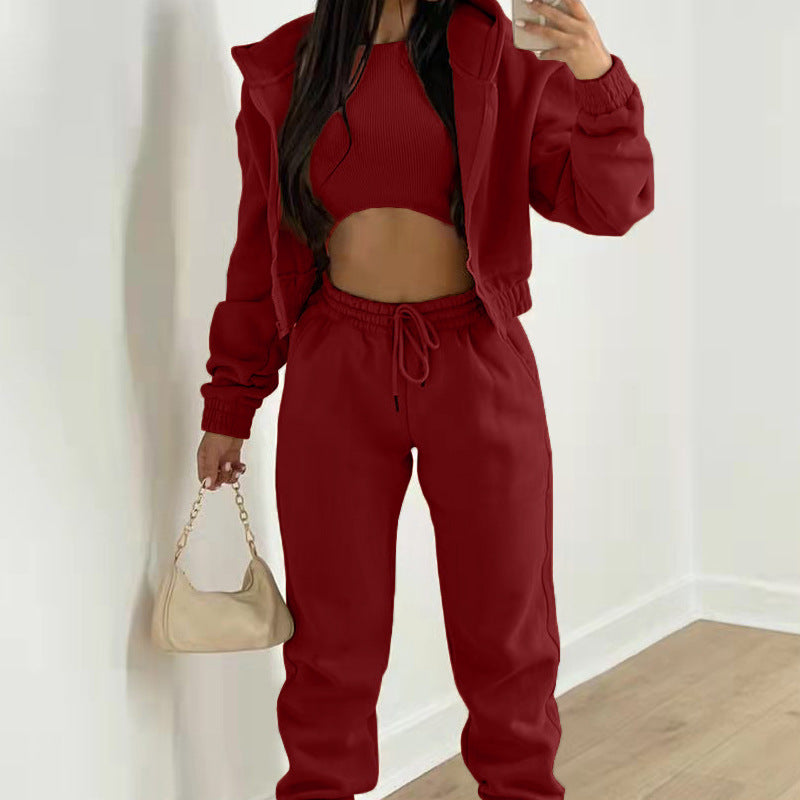 Women 3 Piece Hoodie Crop Top Jogger Pants Set