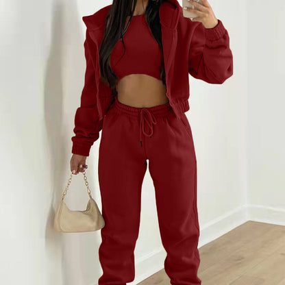 Women 3 Piece Hoodie Crop Top Jogger Pants Set