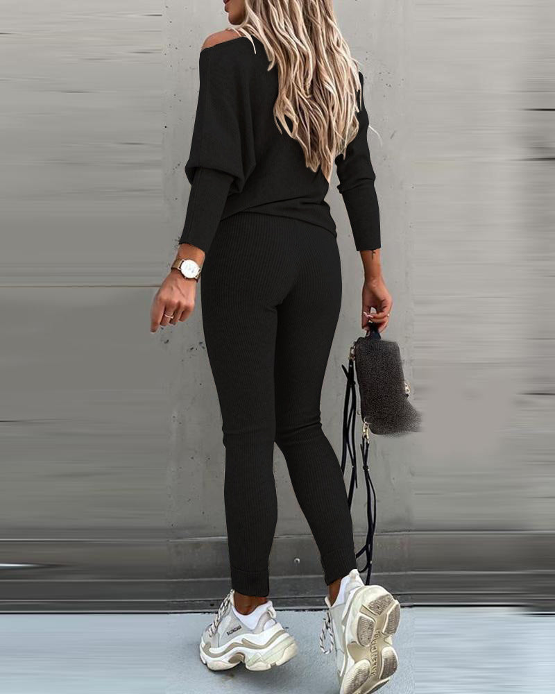Women's Off Shoulder Ribbed Two Piece Lounge Set