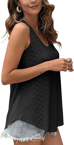 Eyelet Knit Tank Top Sleeveless Loose Fit Summer Top