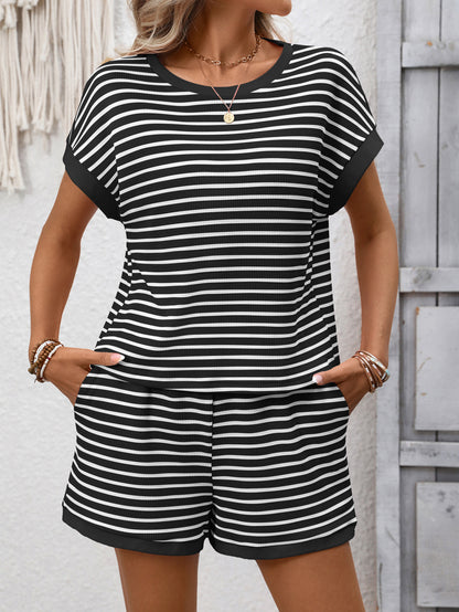 Pink Striped Short Sleeve Top and Shorts Lounge Set