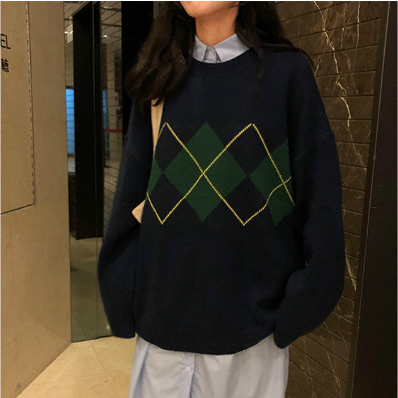 Women's Oversized Argyle Crew Neck Sweater