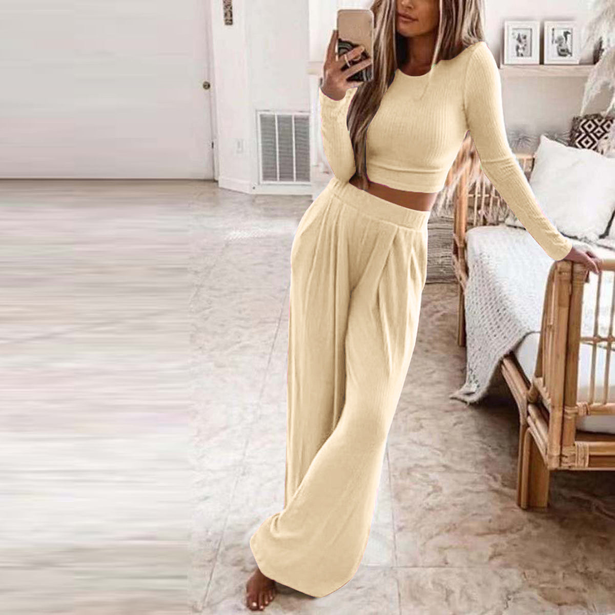 Women's Ribbed Crop Top and Wide Leg Pants Lounge Set