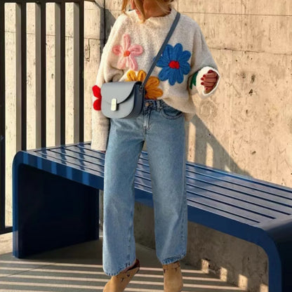 Women's Oversized Floral Embroidered Mock Neck Sweater