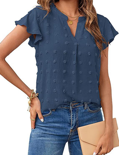 Women's V-Neck Pleated Sleeve Top with Pom Poms - Perfect for Summer