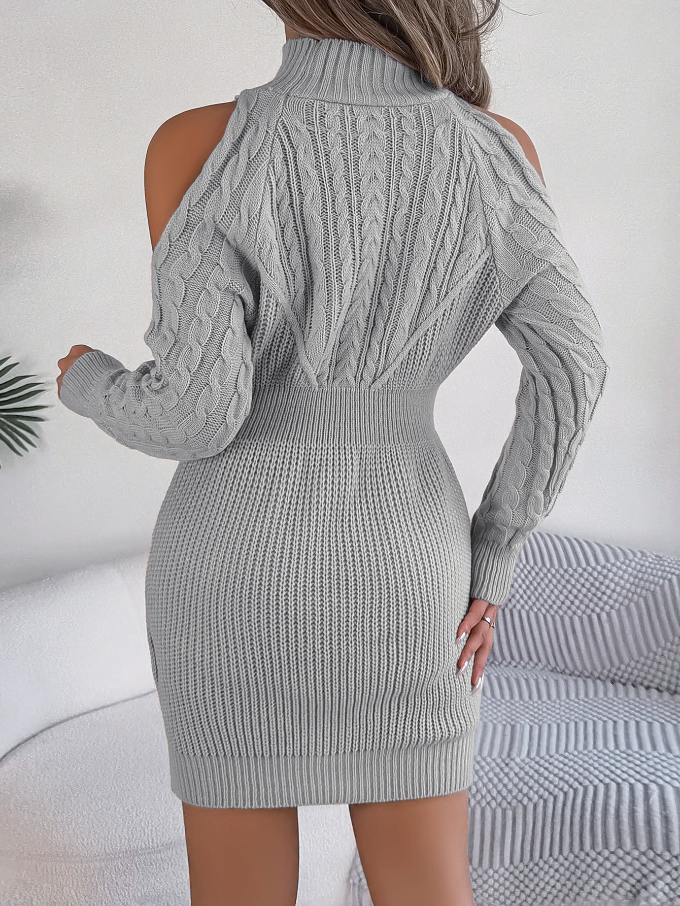 Women's Casual Semi-turtleneck Twist Lantern Sleeve Hip-wrapped Sweater Skirt