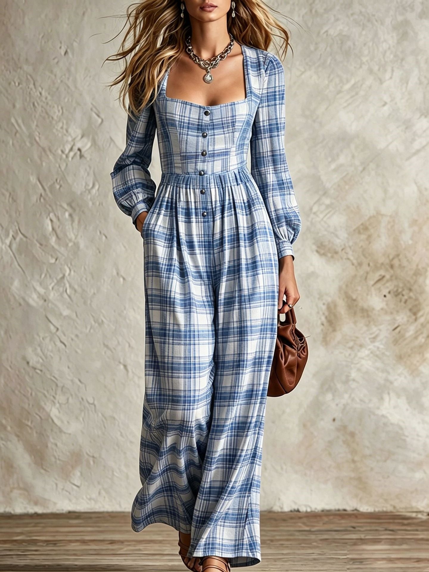 Vintage Plaid Square Neck Wide Leg Jumpsuit