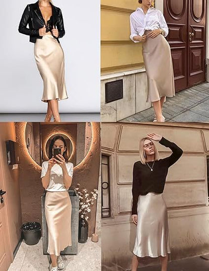 Women's Satin High-Waist Midi Skirt – Elegant Summer Slip Skirt
