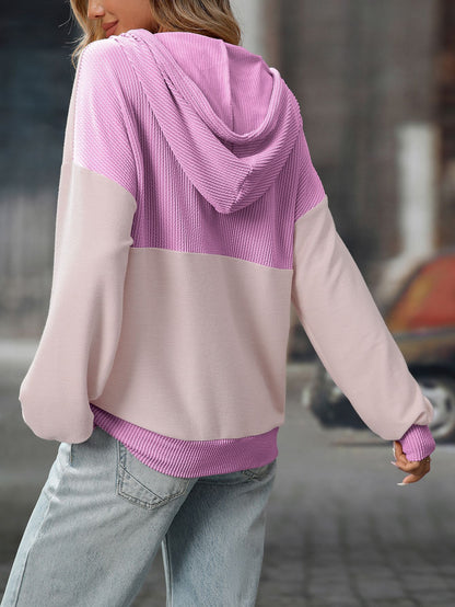 2025 Fall/Winter Colorblock Knit Trim Hoodie – Casual Pullover Sweatshirt