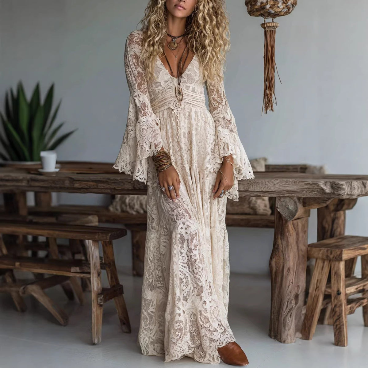 Boho Lace Bell Sleeve Maxi Dress Deep V-Neck