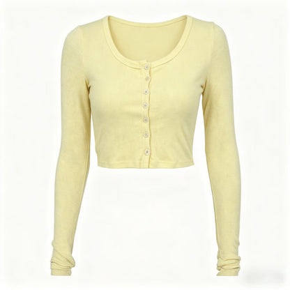 Women's Ribbed Button Front Crop Top Long Sleeve Fitted