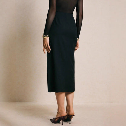 High Waist Slit Pencil Skirt with Gold Button Detail