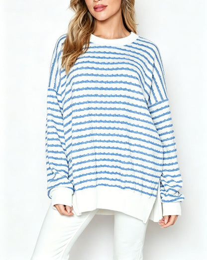 Oversized Stripe Knit Sweater Crew Neck Side Slit Pullover