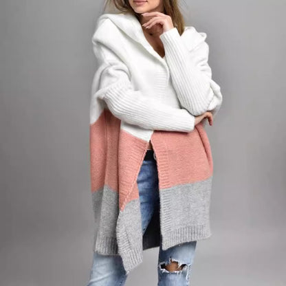 Women's Oversized Hooded Color Block Cardigan Open Front