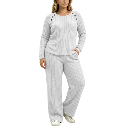 Womens Ribbed Knit 2 Piece Set Button Top Wide Leg Pants