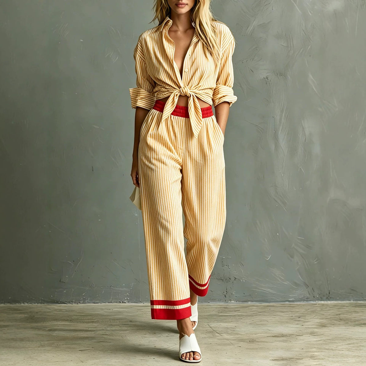 Women's Striped Button Down Shirt & Pants Matching Set
