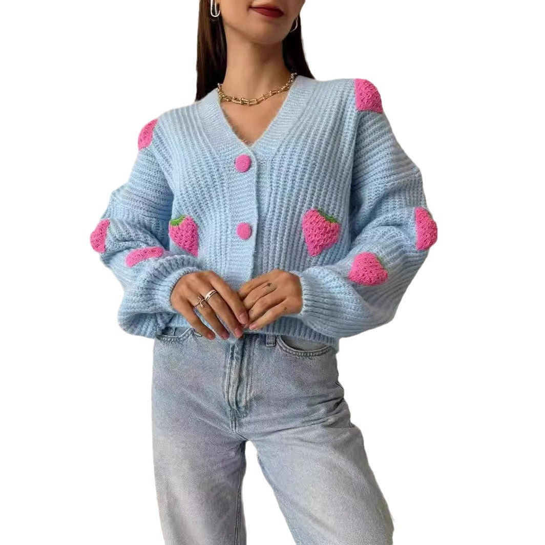 Oversized Chunky Knit Strawberry Cardigan Sweater