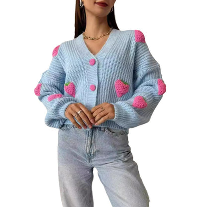 Oversized Chunky Knit Strawberry Cardigan Sweater