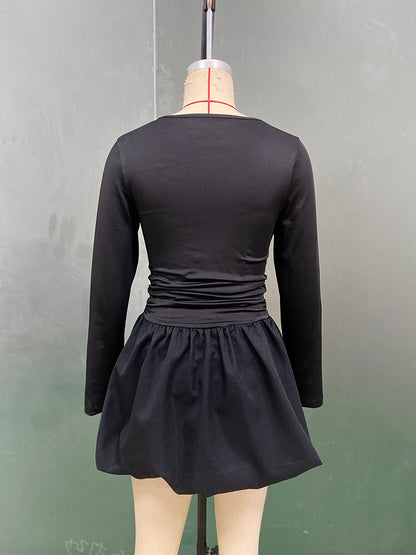 Long Sleeve Fitted Bubble Dress Ruched Waist Mini