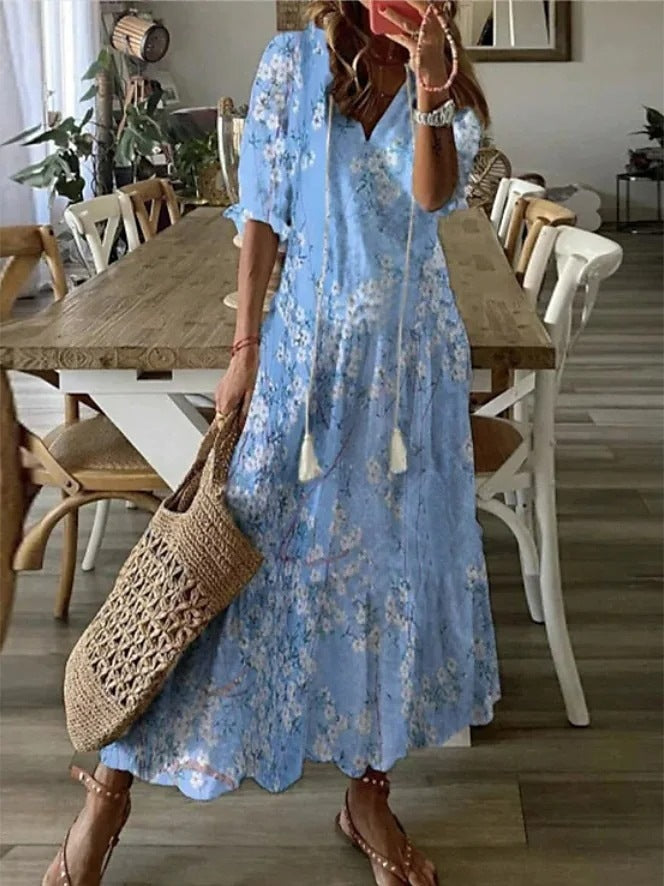 Women's Boho Floral V-Neck Tassel Maxi Dress Flowy