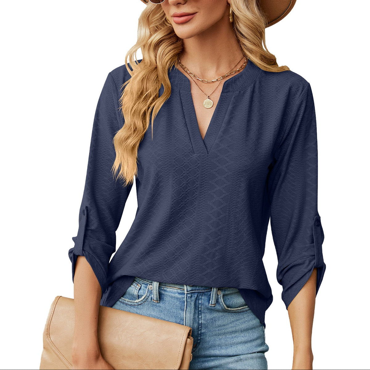 Womens V Neck 3/4 Sleeve Button Loose Tunic Top