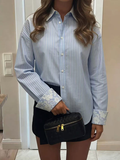 Women's Striped Lace Trim Long Sleeve Button Down Blouse