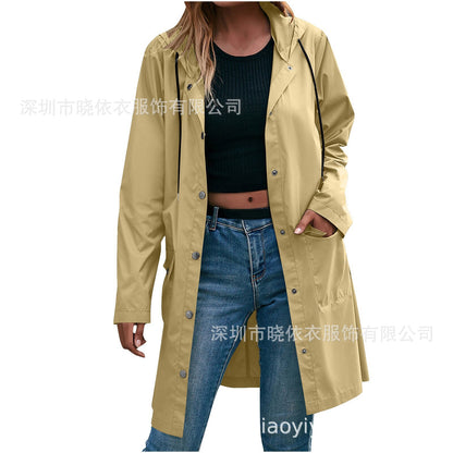 Women's Long Hooded Waterproof Trench Jacket