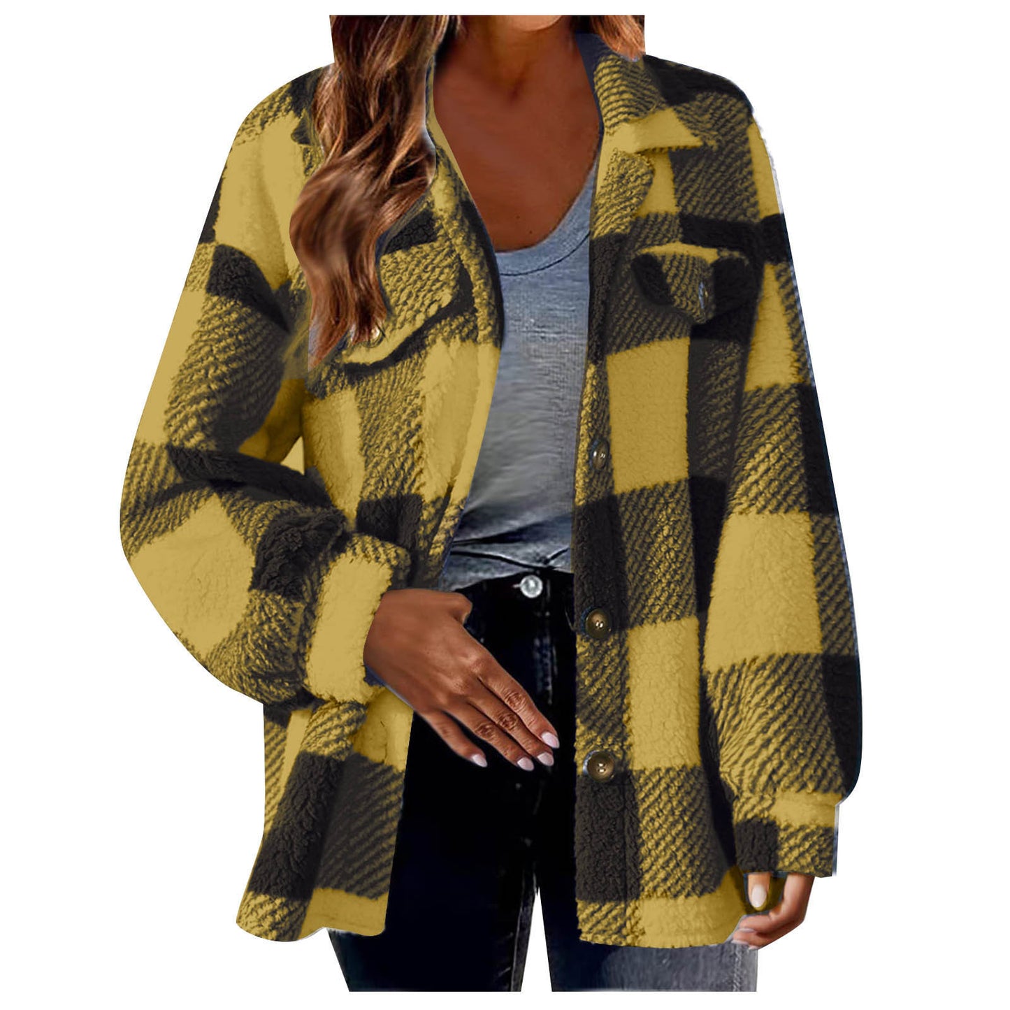 Women's Plaid Sherpa Shacket Button Down Fleece Jacket