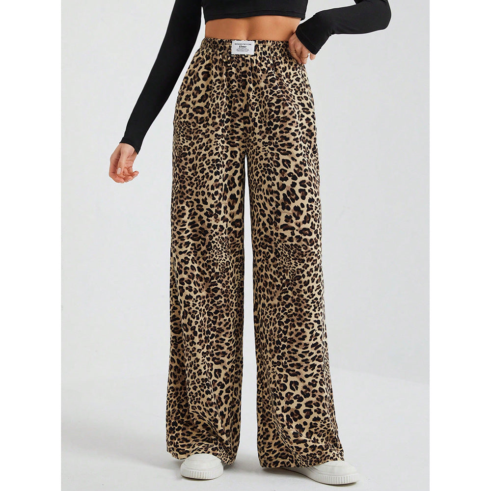 Leopard Print Wide Leg Pants High Waist Pocket Casual
