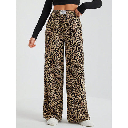 Leopard Print Wide Leg Pants High Waist Pocket Casual
