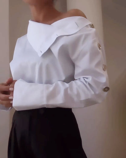 Elegant Mock Neck Gold Button Off Shoulder White Blouse