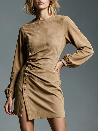 Women's Faux Suede Ruched Long Sleeve Bodycon Dress