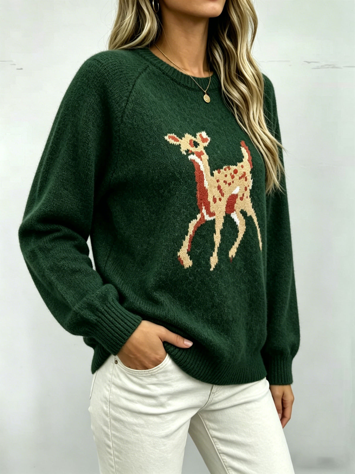 Women's Cute Deer Crewneck Knit Pullover Sweater