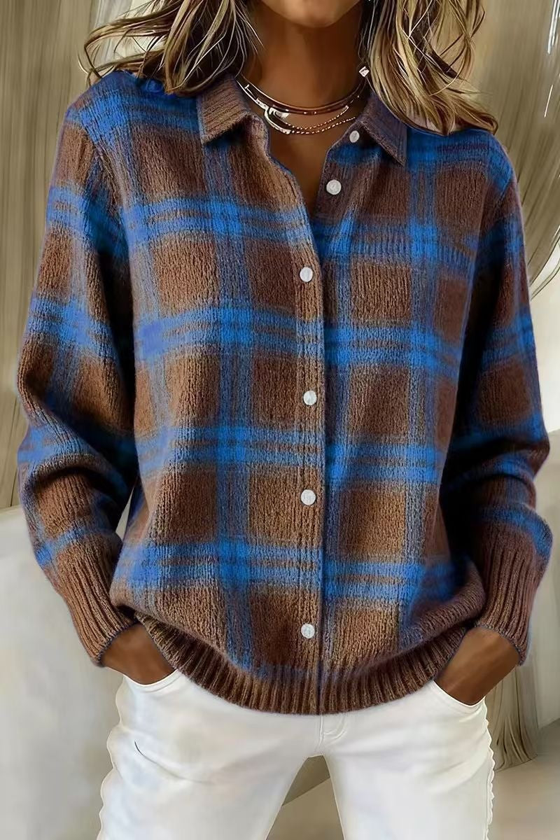 Plaid Collared Button Front Knit Cardigan