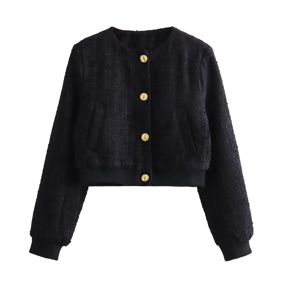 Women's Cropped Tweed Bomber Jacket Button Front