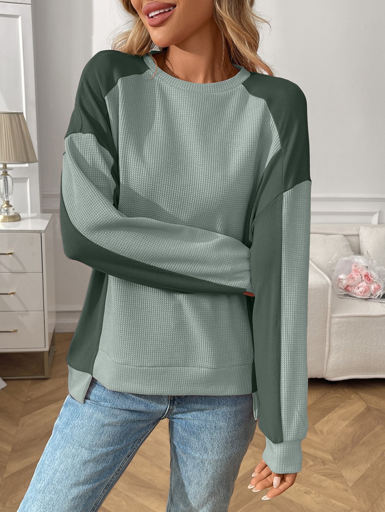 Color Block Waffle Knit Long Sleeve Pullover Top