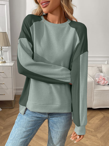 Color Block Waffle Knit Long Sleeve Pullover Top