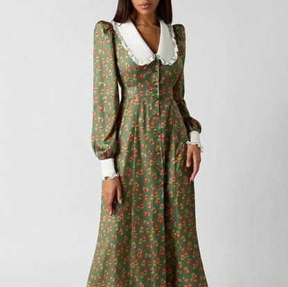 Floral Maxi Dress Long Sleeve Peter Pan Collar Button Front