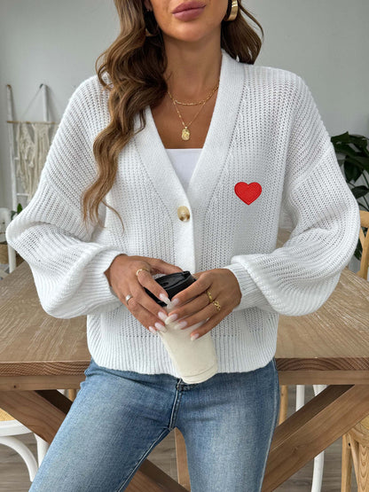 Women's Love Stickers Short Button Woven Jacket Sweater Cardigan