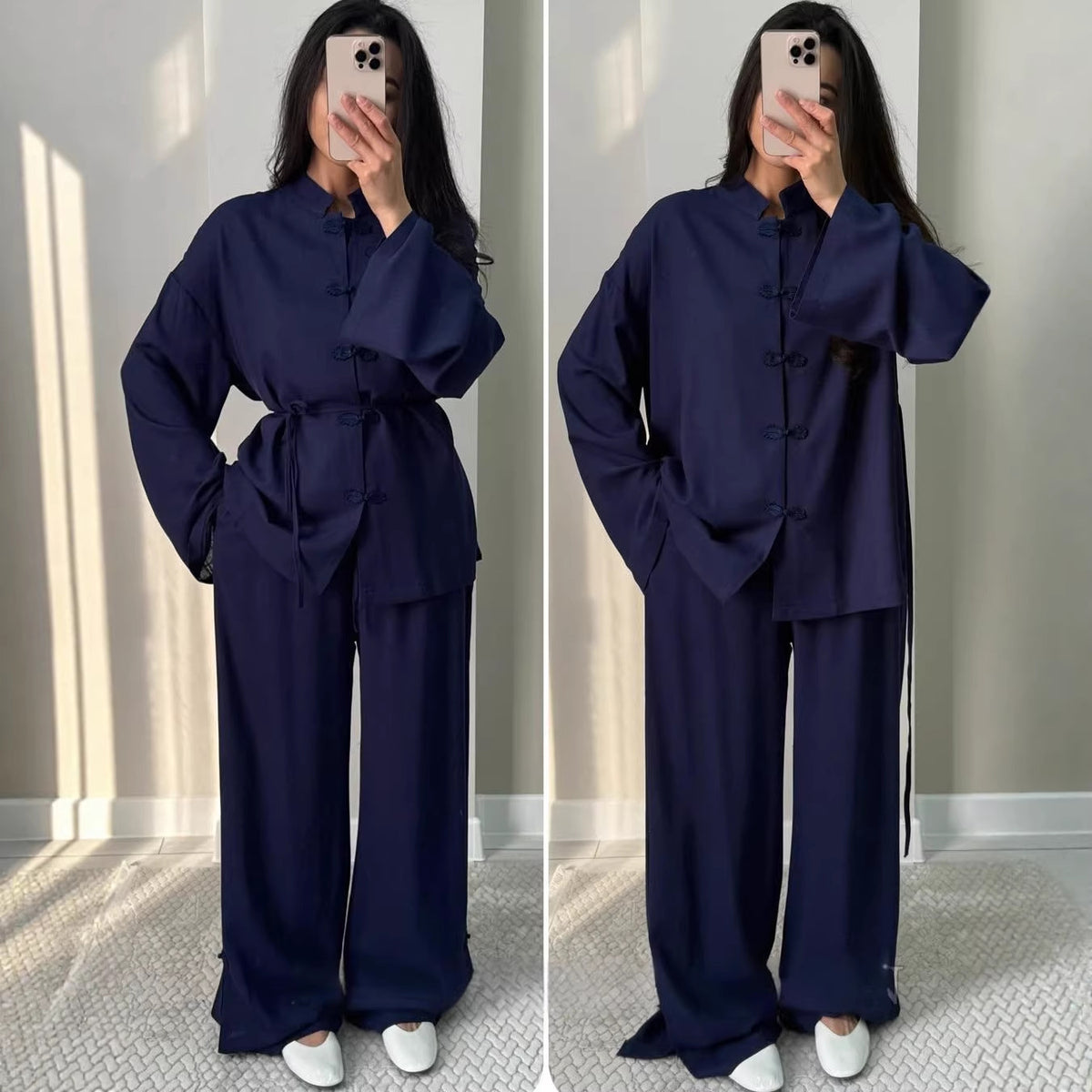 Women Cotton Linen Shirt Wide Leg Pants Set Mandarin Collar