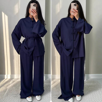 Women Cotton Linen Shirt Wide Leg Pants Set Mandarin Collar
